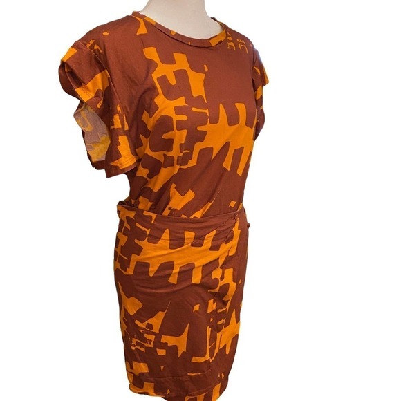 Isabel Marant Flessy Print Wrap Dress Crew Neck Cap Sleeve Orange Dark Brown XL - Picture 2 of 16